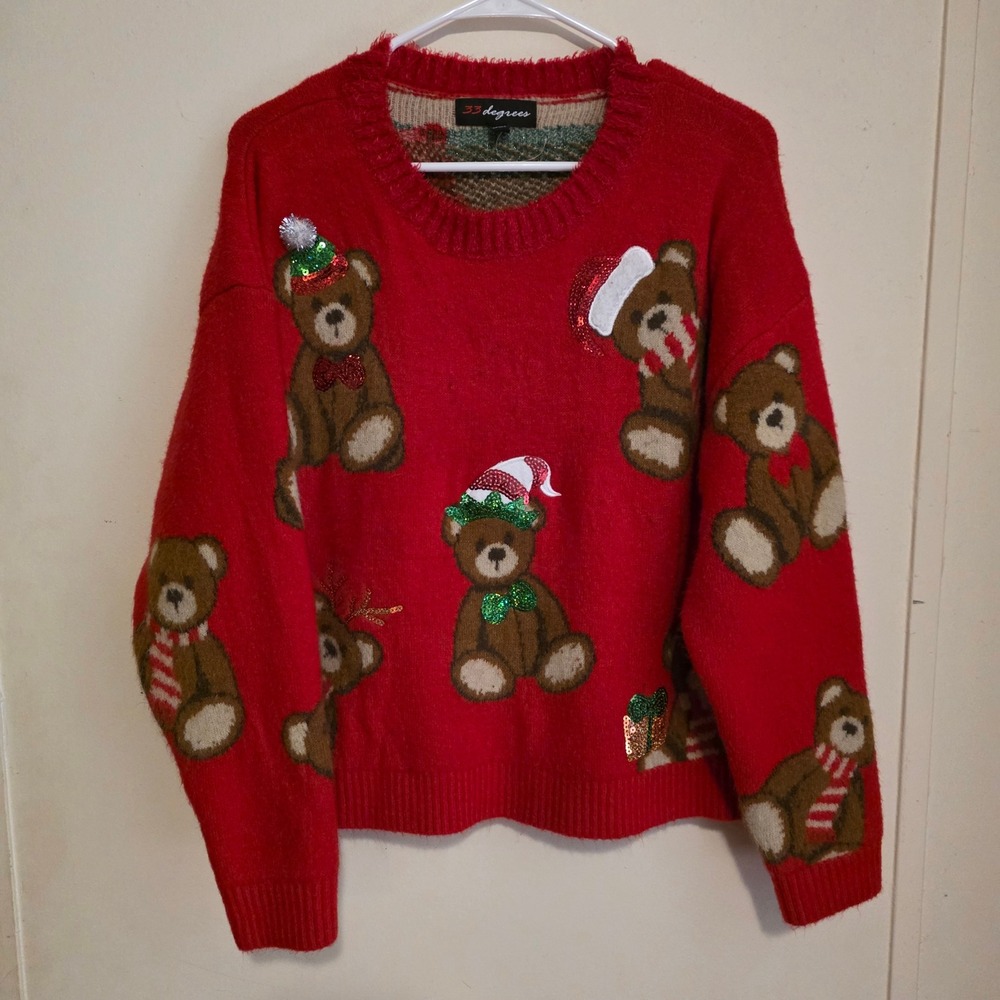 33 Degrees Womens Ugly Christmas Teddy Bear Sweater Size Medium Red Sequin Party